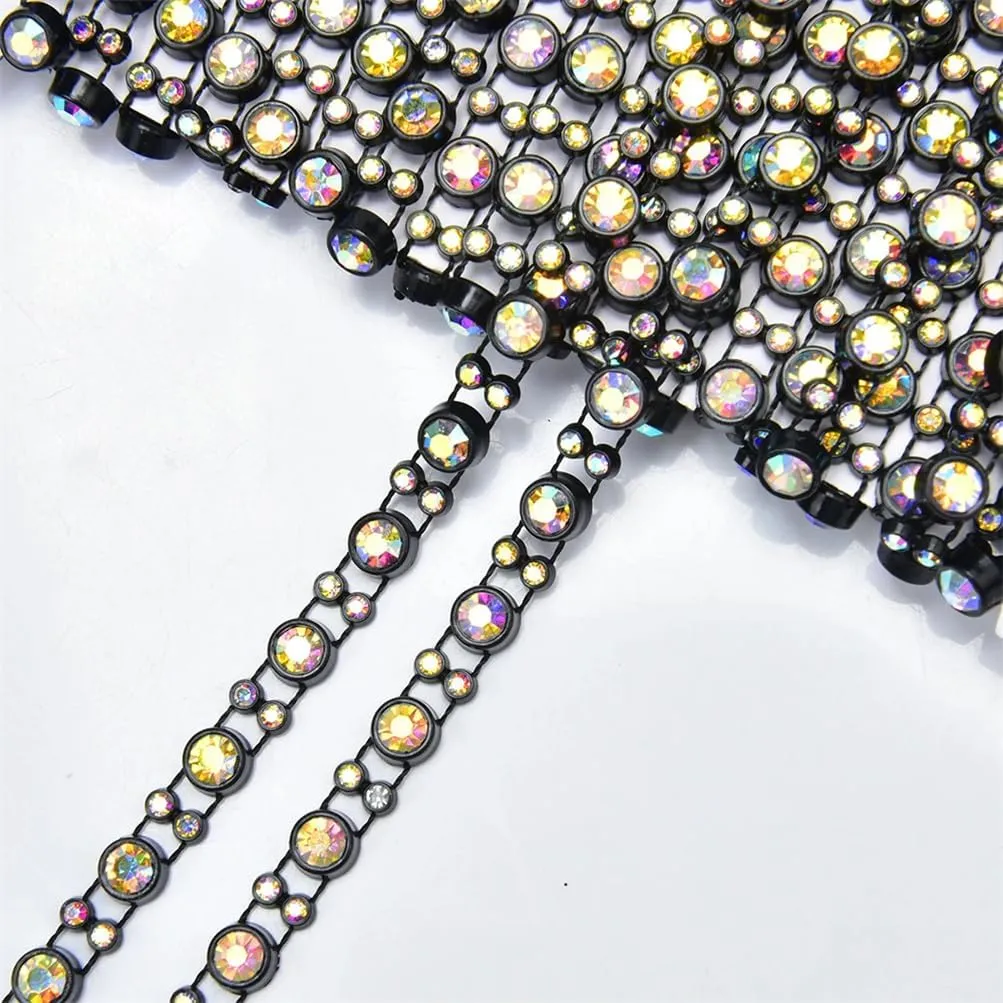 5 Yards Rhinestone Trims Fringe Chain Black Ab Crystal Plastic Bottom Banding Diamond Ribbon Sew On Wedding Dress Shoes Applique