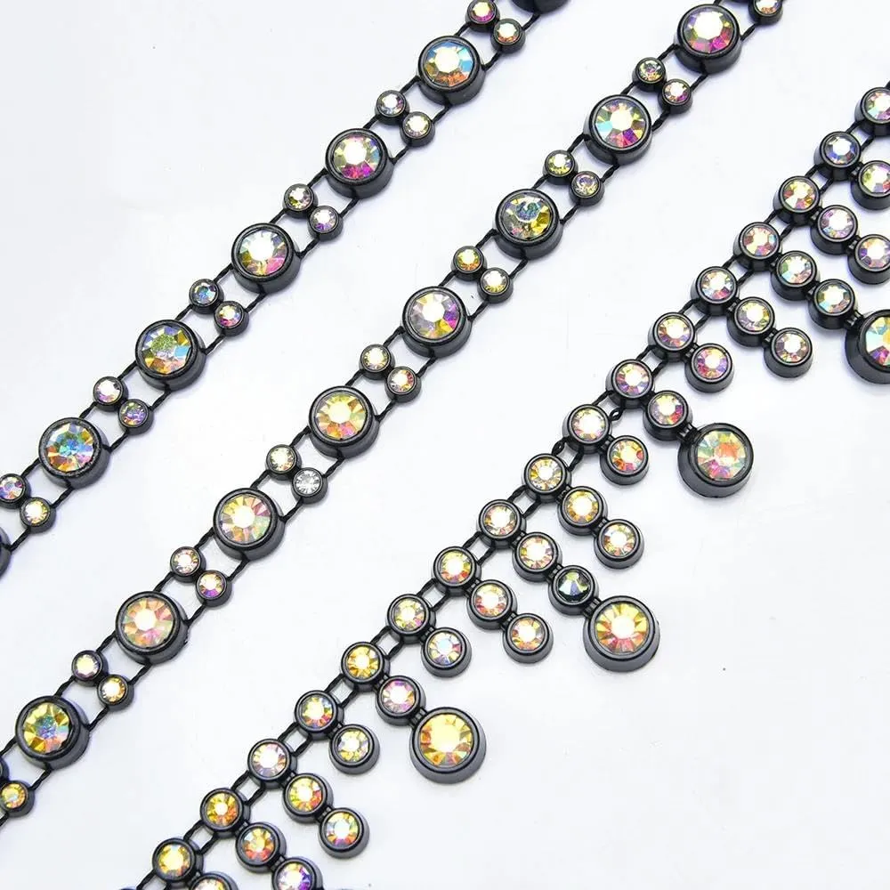 5 Yards Rhinestone Trims Fringe Chain Black Ab Crystal Plastic Bottom Banding Diamond Ribbon Sew On Wedding Dress Shoes Applique