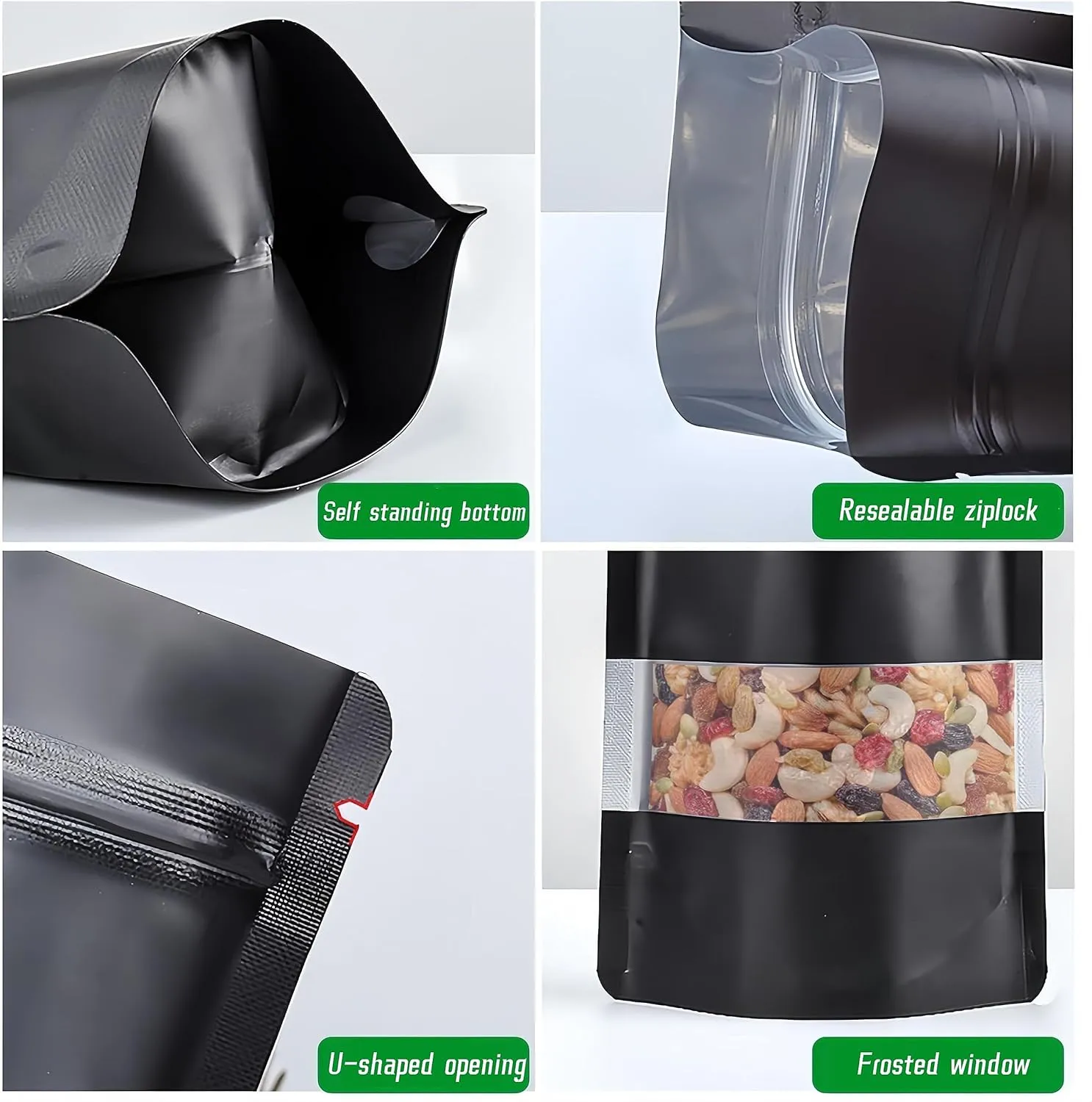 50 Pack Mylar Bags, Black Mylar Bags with Window, Smell Proof Mylar Bag, Resealable Stand Up Pouch Bags for Food Storage Packaging (Black, 14x20cm - 50 pcs)