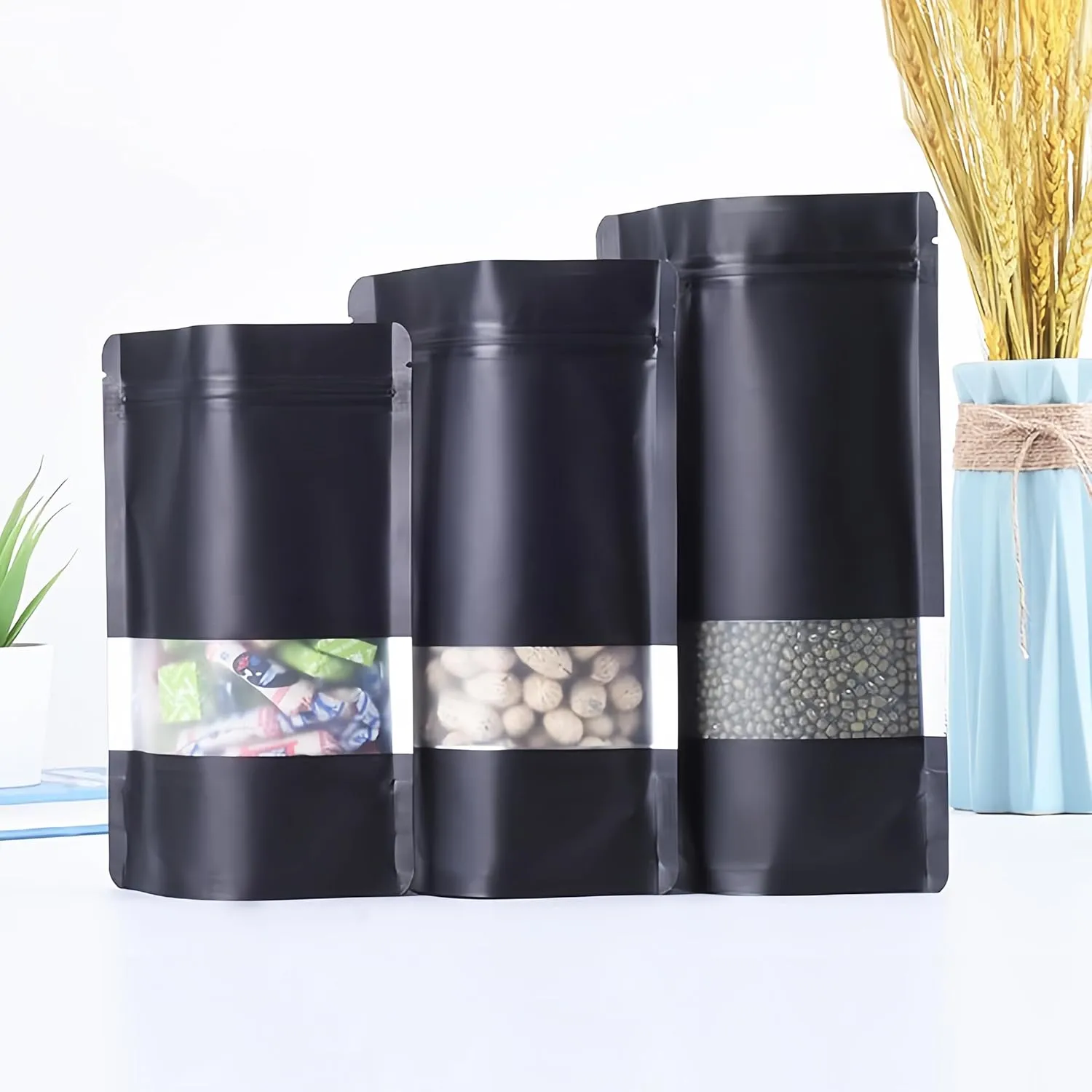 50 Pack Mylar Bags, Black Mylar Bags with Window, Smell Proof Mylar Bag, Resealable Stand Up Pouch Bags for Food Storage Packaging (Black, 14x20cm - 50 pcs)