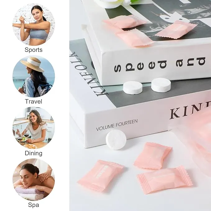 50 Pcs Compressed Towels Tablets, Disposable Face Towels Portable Coin Tissues Mini Face Towels for Travel Camping Hiking Sport Beauty Salon Home Hand Wipes and Other Outdoor Activities