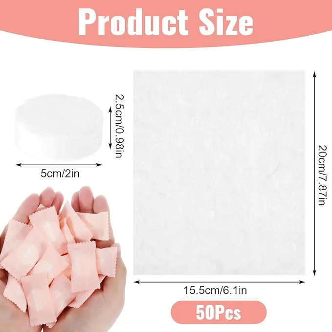 50 Pcs Compressed Towels Tablets, Disposable Face Towels Portable Coin Tissues Mini Face Towels for Travel Camping Hiking Sport Beauty Salon Home Hand Wipes and Other Outdoor Activities