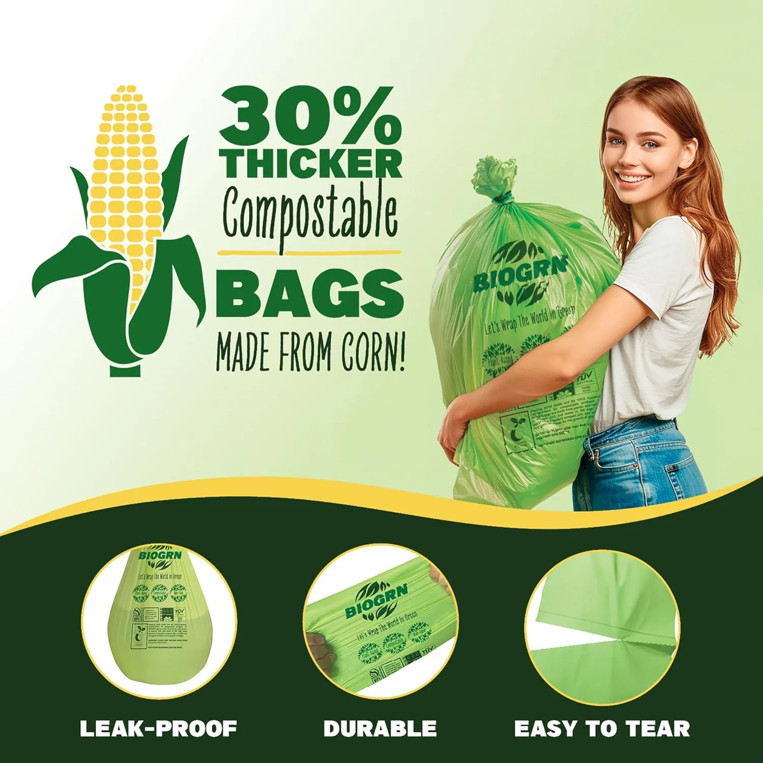 55 Gallon Compostable Trash Bags Flat-Top, Heavy Duty Extra Thick 1.57 Mil, 208.2 Liter, 12 Bags, Large Lawn and Yard Waste Bag, ASTM D6400, US BPI and OK Compost Home Certified