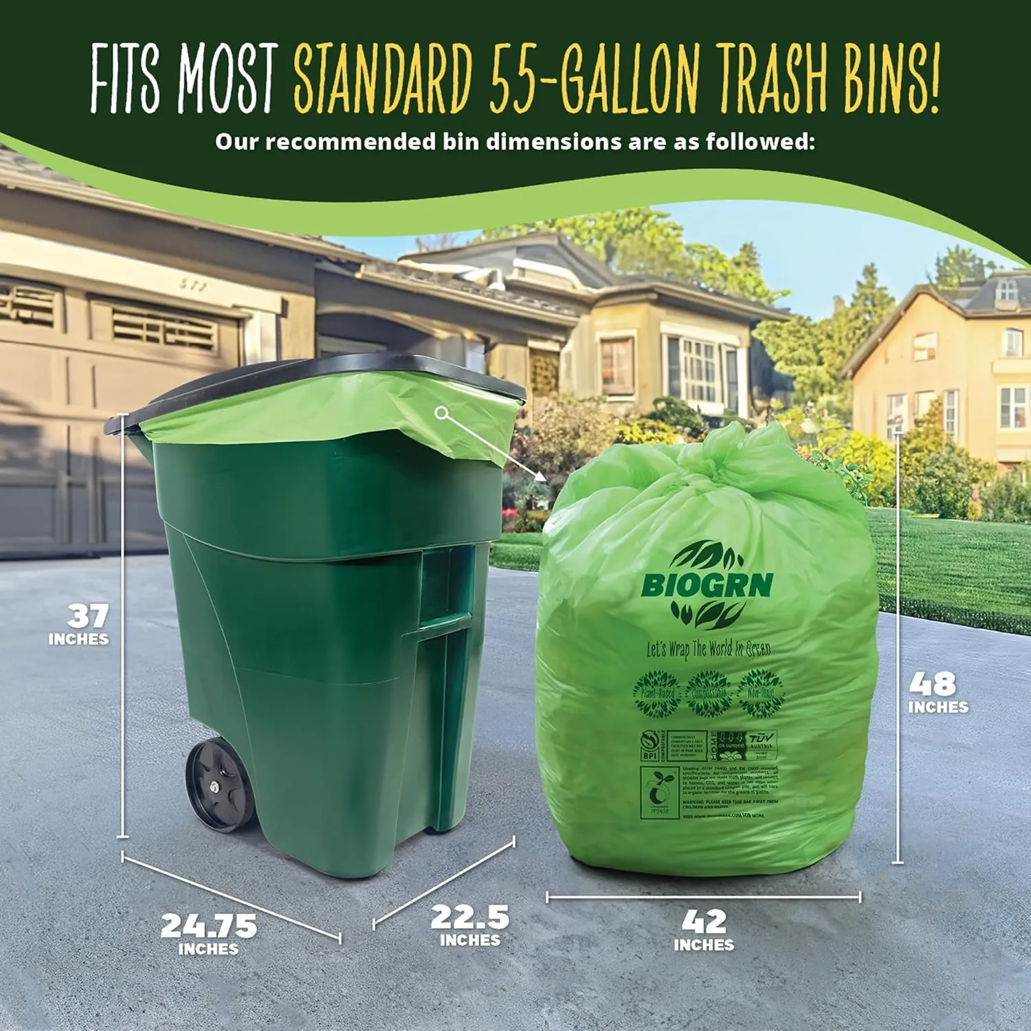 55 Gallon Compostable Trash Bags Flat-Top, Heavy Duty Extra Thick 1.57 Mil, 208.2 Liter, 12 Bags, Large Lawn and Yard Waste Bag, ASTM D6400, US BPI and OK Compost Home Certified