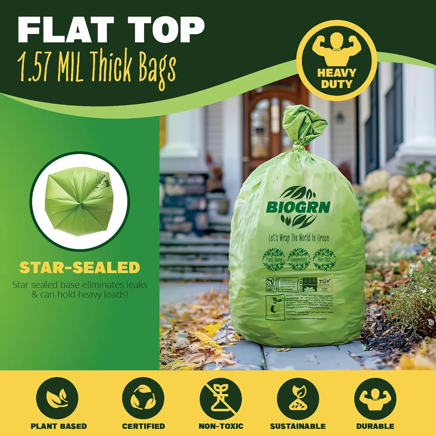 55 Gallon Compostable Trash Bags Flat-Top, Heavy Duty Extra Thick 1.57 Mil, 208.2 Liter, 12 Bags, Large Lawn and Yard Waste Bag, ASTM D6400, US BPI and OK Compost Home Certified