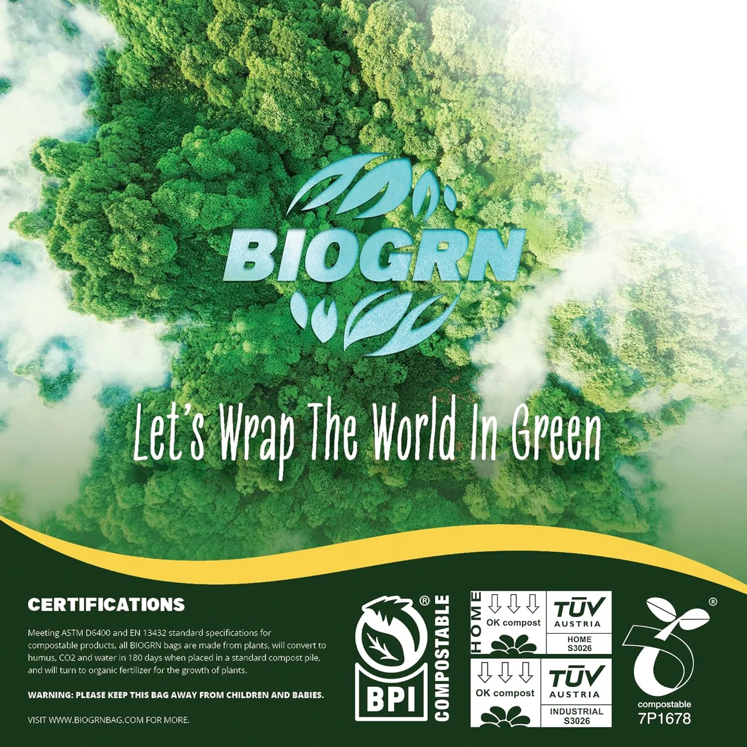 55 Gallon Compostable Trash Bags Flat-Top, Heavy Duty Extra Thick 1.57 Mil, 208.2 Liter, 12 Bags, Large Lawn and Yard Waste Bag, ASTM D6400, US BPI and OK Compost Home Certified