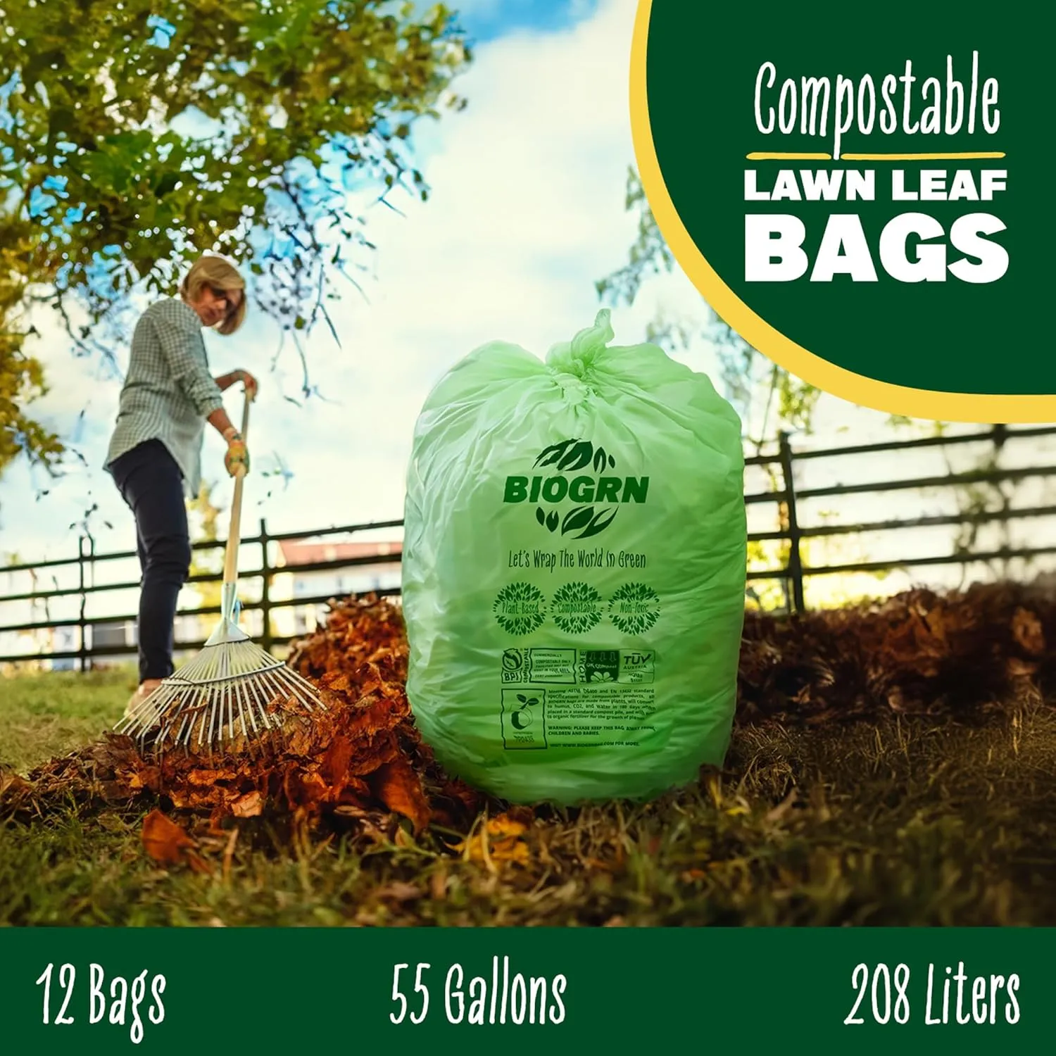 55 Gallon Compostable Trash Bags Flat-Top, Heavy Duty Extra Thick 1.57 Mil, 208.2 Liter, 12 Bags, Large Lawn and Yard Waste Bag, ASTM D6400, US BPI and OK Compost Home Certified