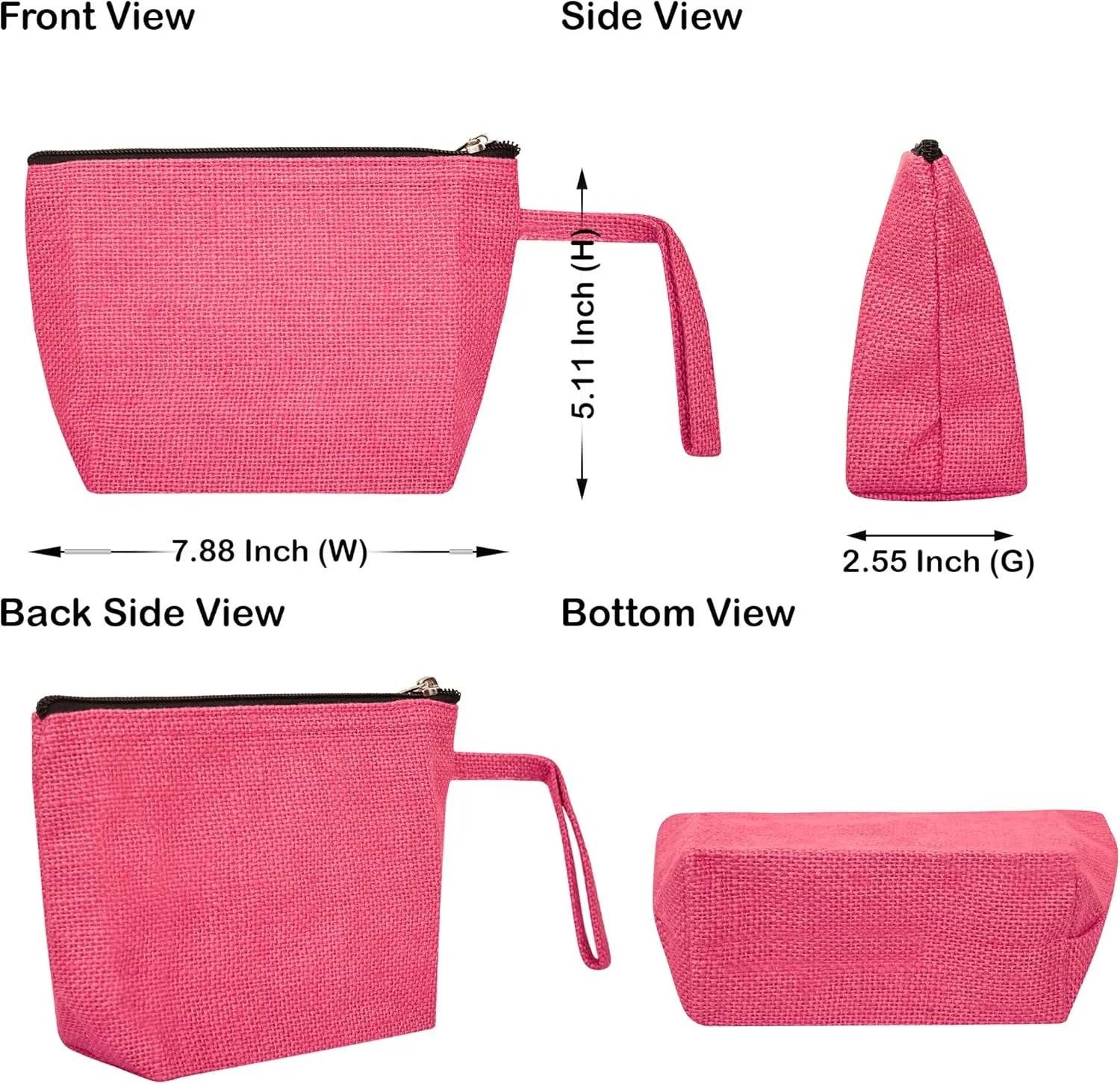 6-Pack Pink Colour Jute Makeup Bags – Compact Zippered Pouches for Toiletries & Travel Essentials | Stylish Flat Bottom Design, Laminated Interior – 5.11" H x 7.88" L x 2.55" B