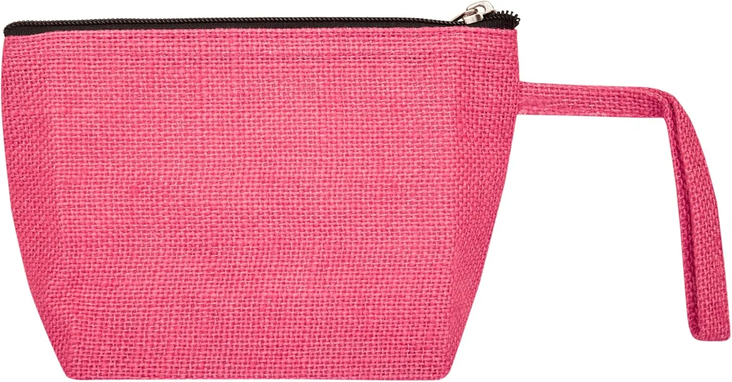 6-Pack Pink Colour Jute Makeup Bags – Compact Zippered Pouches for Toiletries & Travel Essentials | Stylish Flat Bottom Design, Laminated Interior – 5.11" H x 7.88" L x 2.55" B