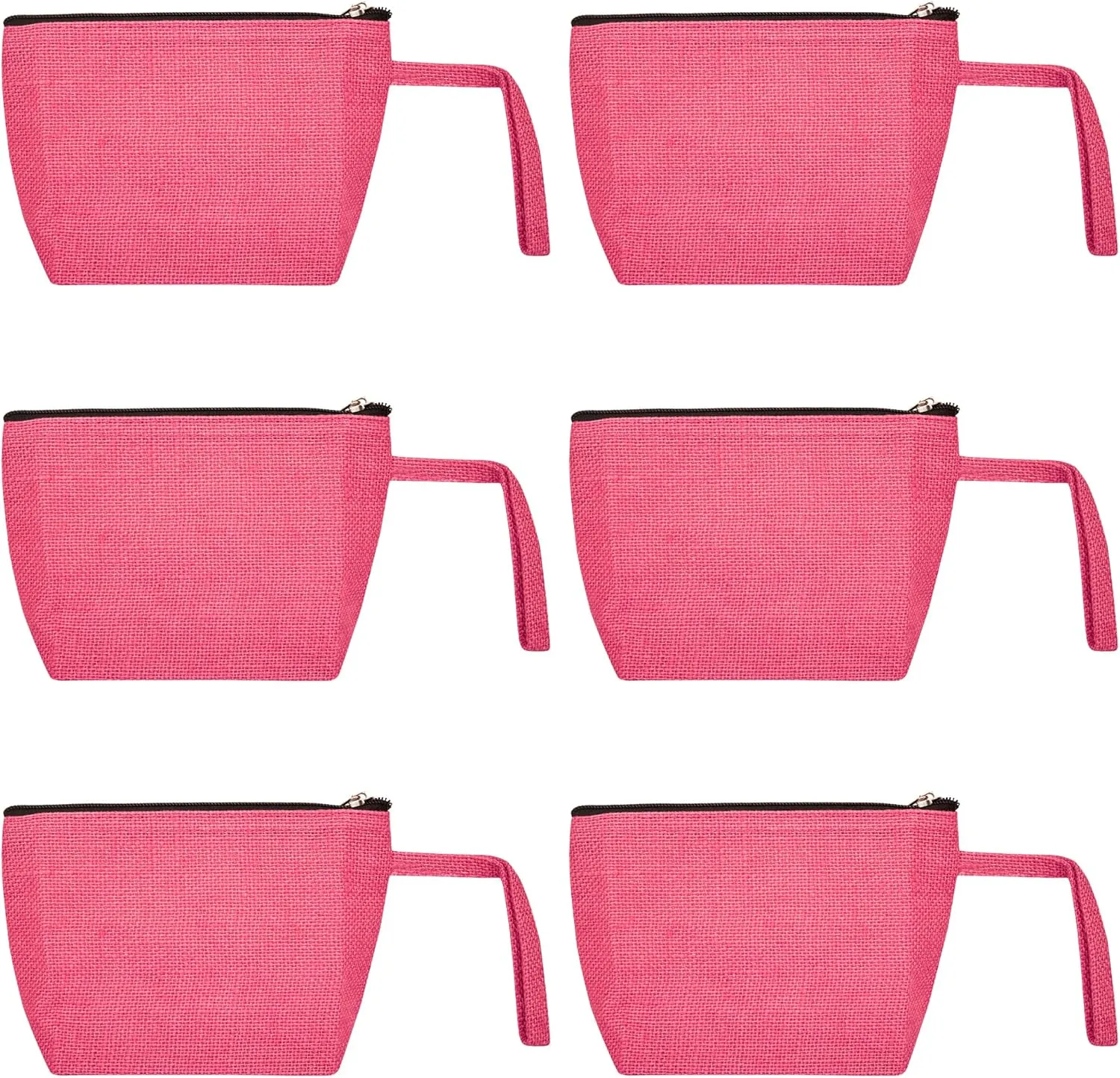 6-Pack Pink Colour Jute Makeup Bags – Compact Zippered Pouches for Toiletries & Travel Essentials | Stylish Flat Bottom Design, Laminated Interior – 5.11" H x 7.88" L x 2.55" B