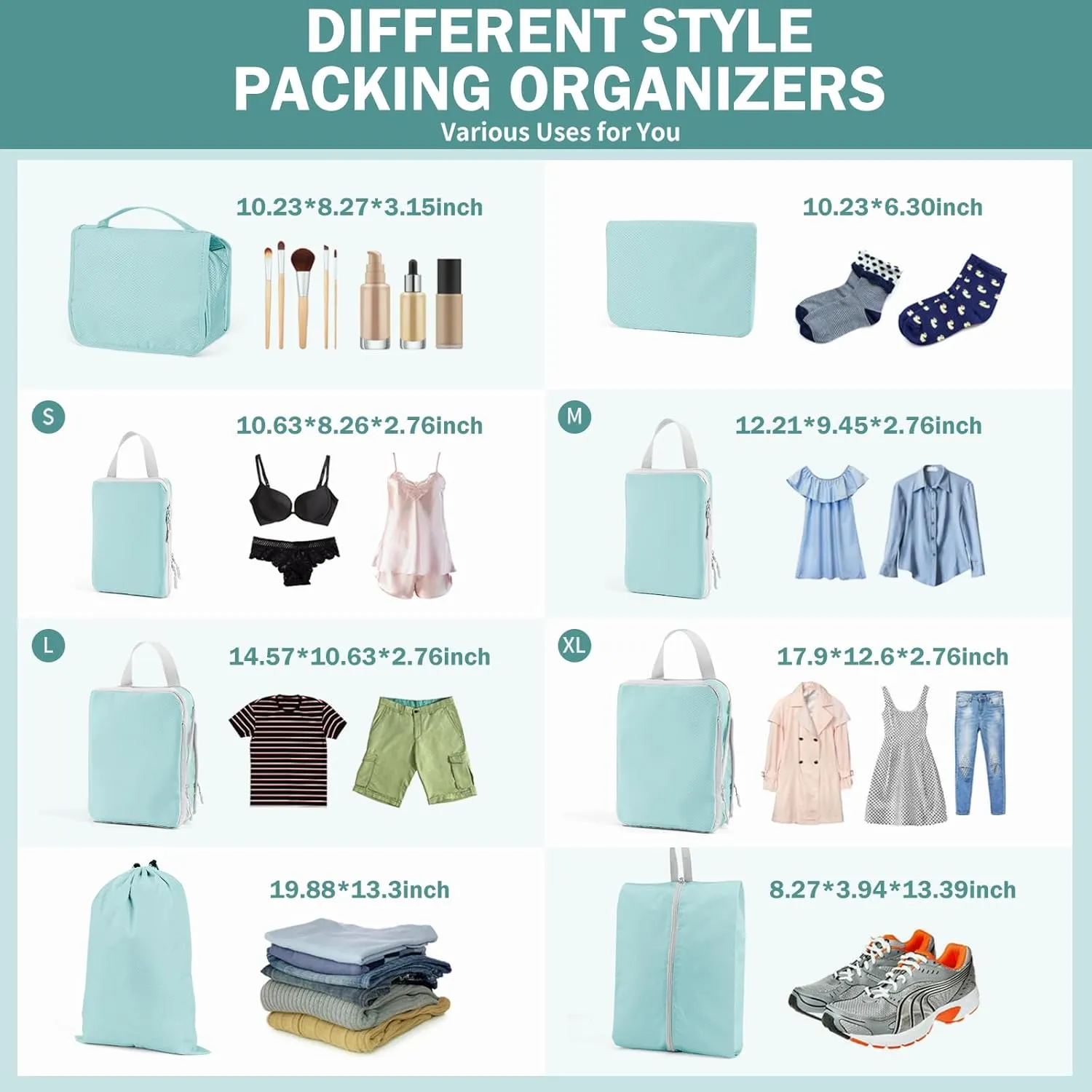 8 Set Packing Cubes for Travel - Double Zipper Compression Design, Space Saving, Sorting and Organizing Travel Luggage Items