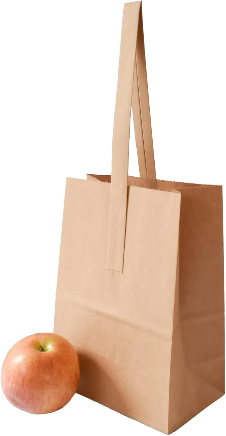 8 x 6 x 3.5 Inch Small Kraft Paper Bags with Paper Handles - Quarter Peck Apple/Produce Bag (50)