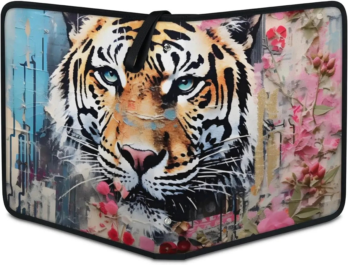 9 Pocket Card Binder, Oil Painting Tiger 900 Pockets Collector Album with Zipper Trading Card Binder, Graffiti Tiger Double Sided Pocket Collection Binder