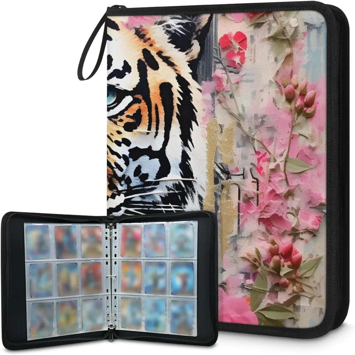 9 Pocket Card Binder, Oil Painting Tiger 900 Pockets Collector Album with Zipper Trading Card Binder, Graffiti Tiger Double Sided Pocket Collection Binder