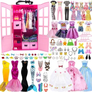 98 Pcs Doll Clothes Outfit for Doll with Doll Closet, 3 Princess Dresses 15 Dressest 3 Tops Pants 3 Bikinis 10 Jewelry 10 Bags 10 Shoes  38 Accessories(Random Style)