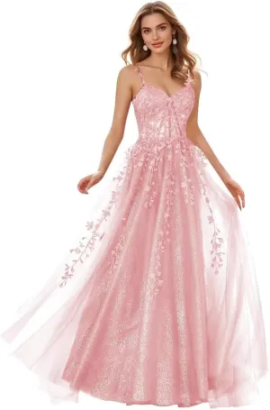 A Line Spaghetti Straps Satin Formal Evening Prom Dress for Women Lace Appliques Wedding Party Dress with Slit