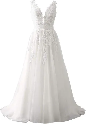 Abaowedding Women's Wedding Dress for Bride Lace Applique Evening Dress V Neck Straps Ball Gowns