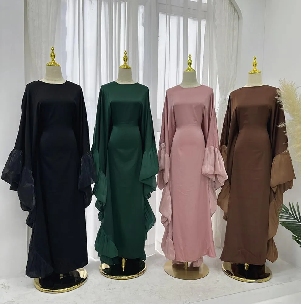 Abaya Muslim Dress Women Satin Prayer Dress Batwing Solid Color Loose Long Sleeve Middle East Arabian Robe