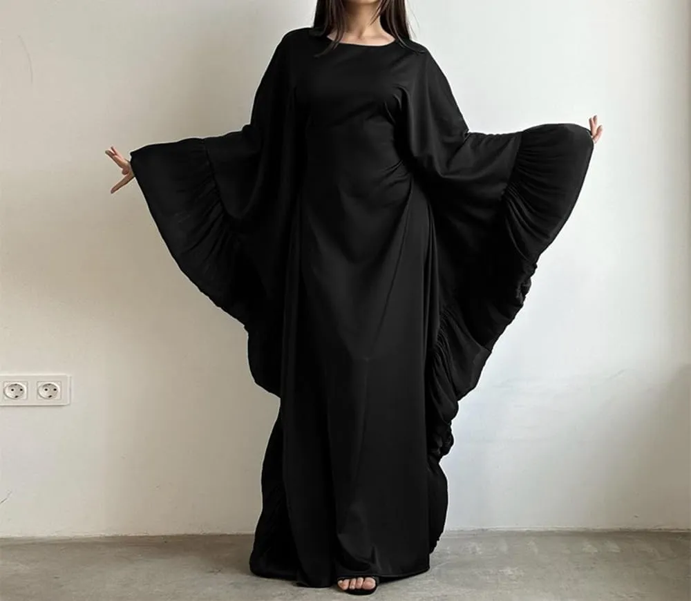 Abaya Muslim Dress Women Satin Prayer Dress Batwing Solid Color Loose Long Sleeve Middle East Arabian Robe