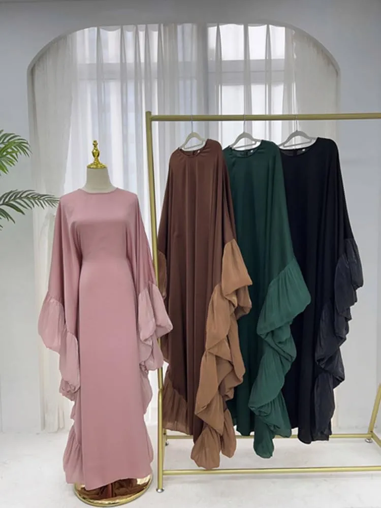 Abaya Muslim Dress Women Satin Prayer Dress Batwing Solid Color Loose Long Sleeve Middle East Arabian Robe