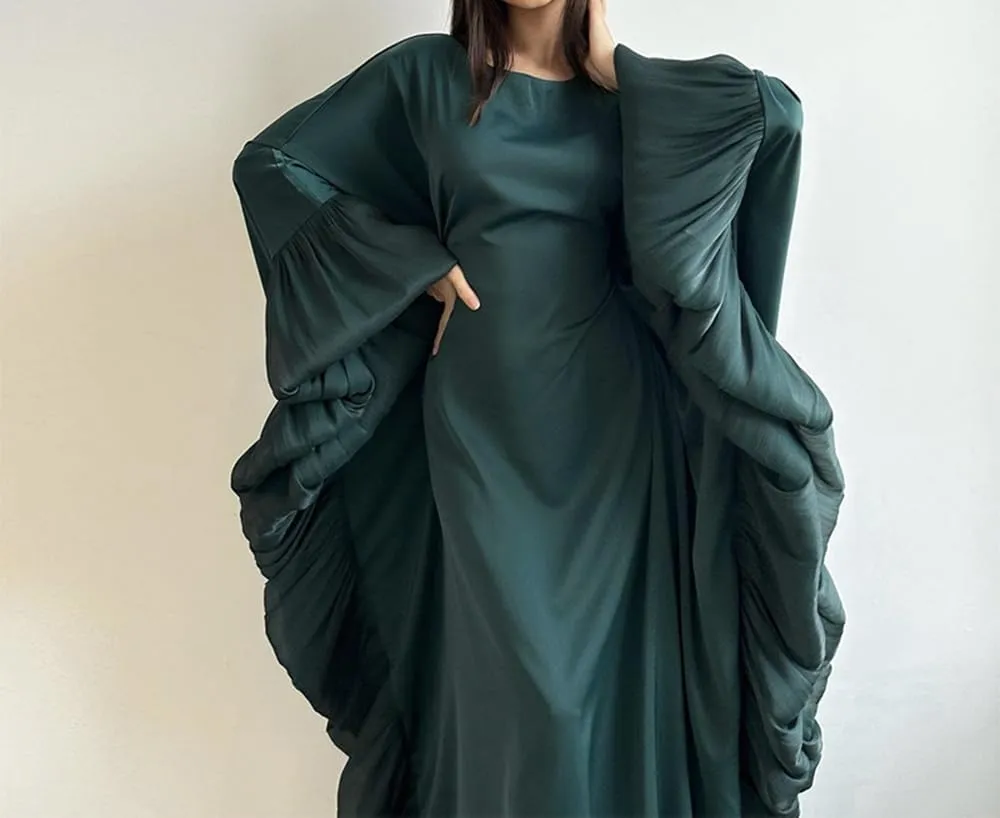 Abaya Muslim Dress Women Satin Prayer Dress Batwing Solid Color Loose Long Sleeve Middle East Arabian Robe