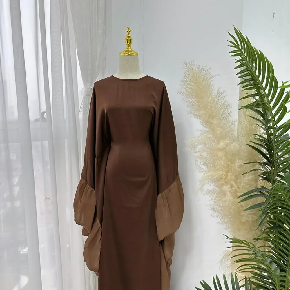 Abaya Muslim Dress Women Satin Prayer Dress Batwing Solid Color Loose Long Sleeve Middle East Arabian Robe