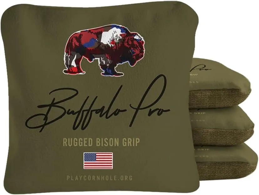 ACA Synergy Pro Dual Sided Cornhole Bags | Buffalo Olive Design | Set of (4) All-Weather Resin Filled Stick & Slide Corn Hole Bags