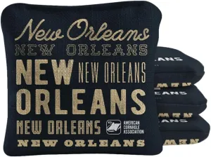 ACA Synergy Pro Dual Sided Cornhole Bags | New Orleans Black Design | Set of (4) All-Weather Resin Filled Stick & Slide Corn Hole Bags