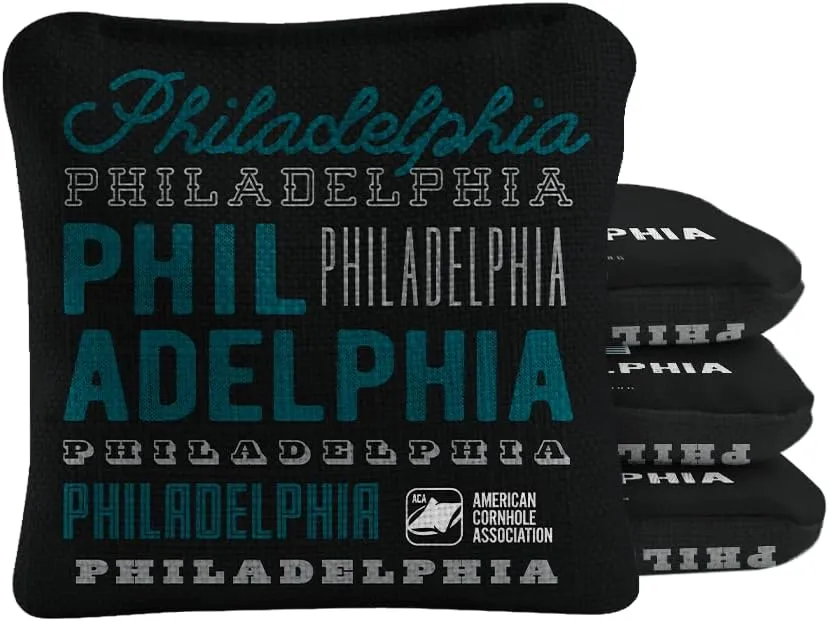 ACA Synergy Pro Dual Sided Cornhole Bags | Philadelphia Black Design | Set of (4) All-Weather Resin Filled Stick & Slide Corn Hole Bags