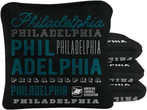 ACA Synergy Pro Dual Sided Cornhole Bags | Philadelphia Black Design | Set of (4) All-Weather Resin Filled Stick & Slide Corn Hole Bags