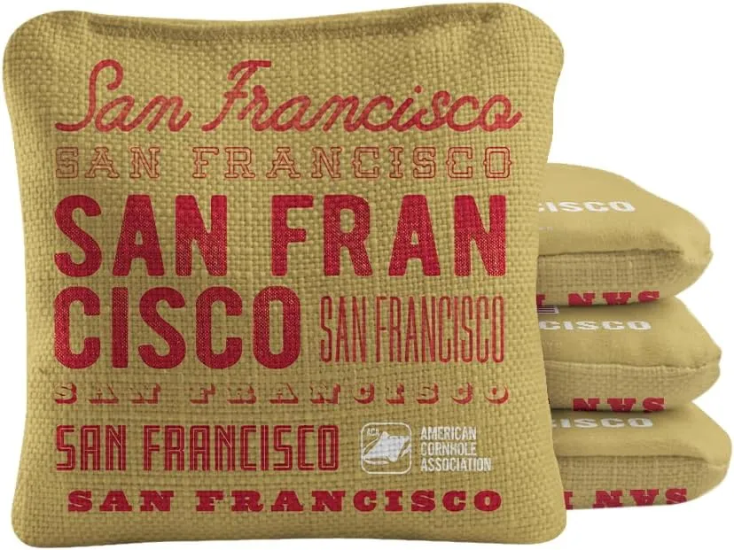 ACA Synergy Pro Dual Sided Cornhole Bags | San Francisco Gold Design | Set of (4) All-Weather Resin Filled Stick & Slide Corn Hole Bags