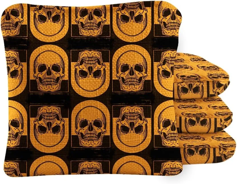 ACA Synergy Pro Dual Sided Cornhole Bags | Skull Orange Design | Set of (4) All-Weather Resin Filled Stick & Slide Corn Hole Bags