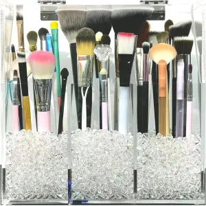 Acrylic Makeup Organizer,Cosmetic Brush Storage Box With 3 Brush Holders Holder Dust Cover, Large-capacity Split Design Can Quickly Organize the Desktop with3 bags of transparent pearls