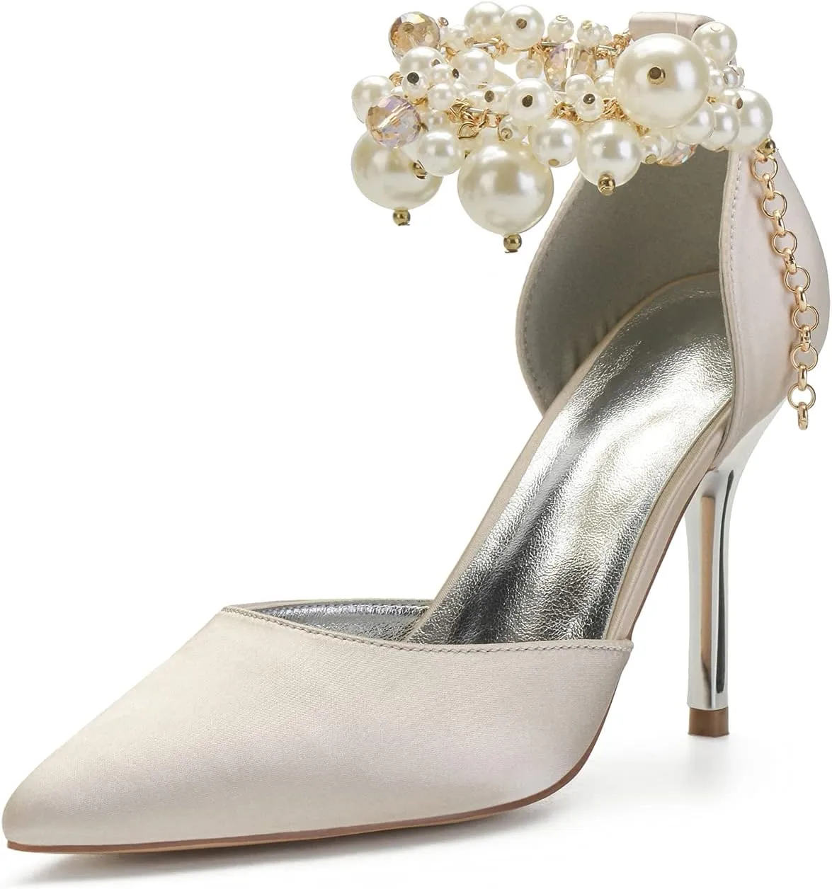 ADMLZQQ Women Pumps Closed Toe Pearl Ankle Strap High Heel Satin Evening Wedding Dress Shoes
