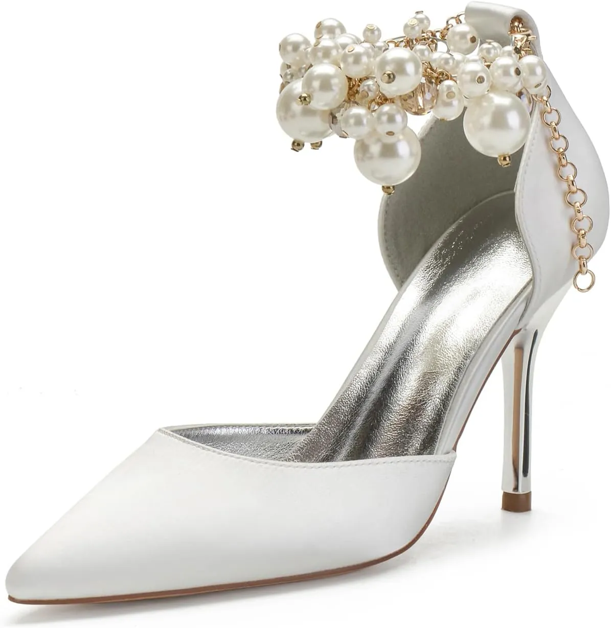 ADMLZQQ Women Pumps Closed Toe Pearl Ankle Strap High Heel Satin Evening Wedding Dress Shoes