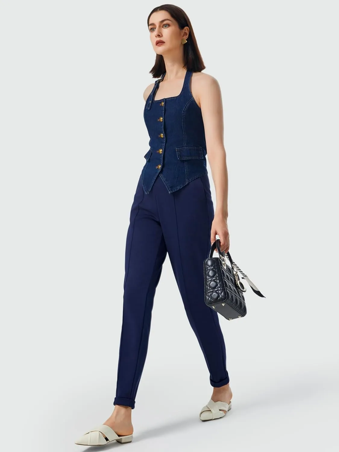 AFITNE Women’s High Waisted Dress Casual Pants Stretchy Pull On Work Business Slacks Comfy Office Trousers with Pockets