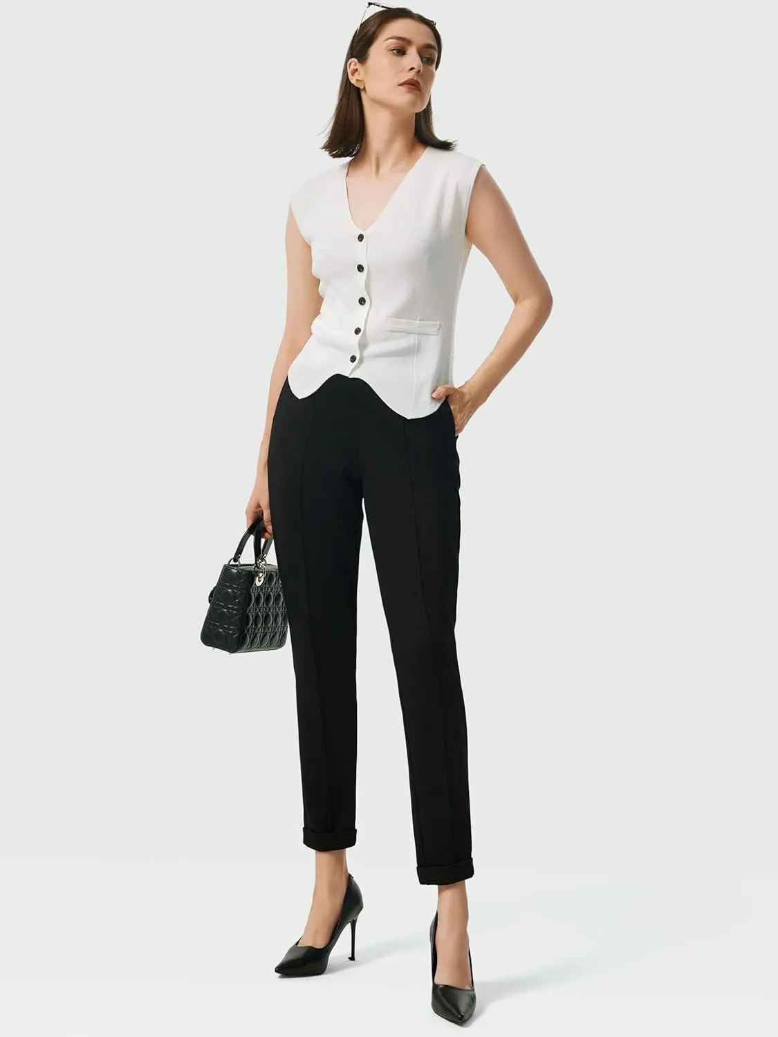 AFITNE Women’s High Waisted Dress Casual Pants Stretchy Pull On Work Business Slacks Comfy Office Trousers with Pockets