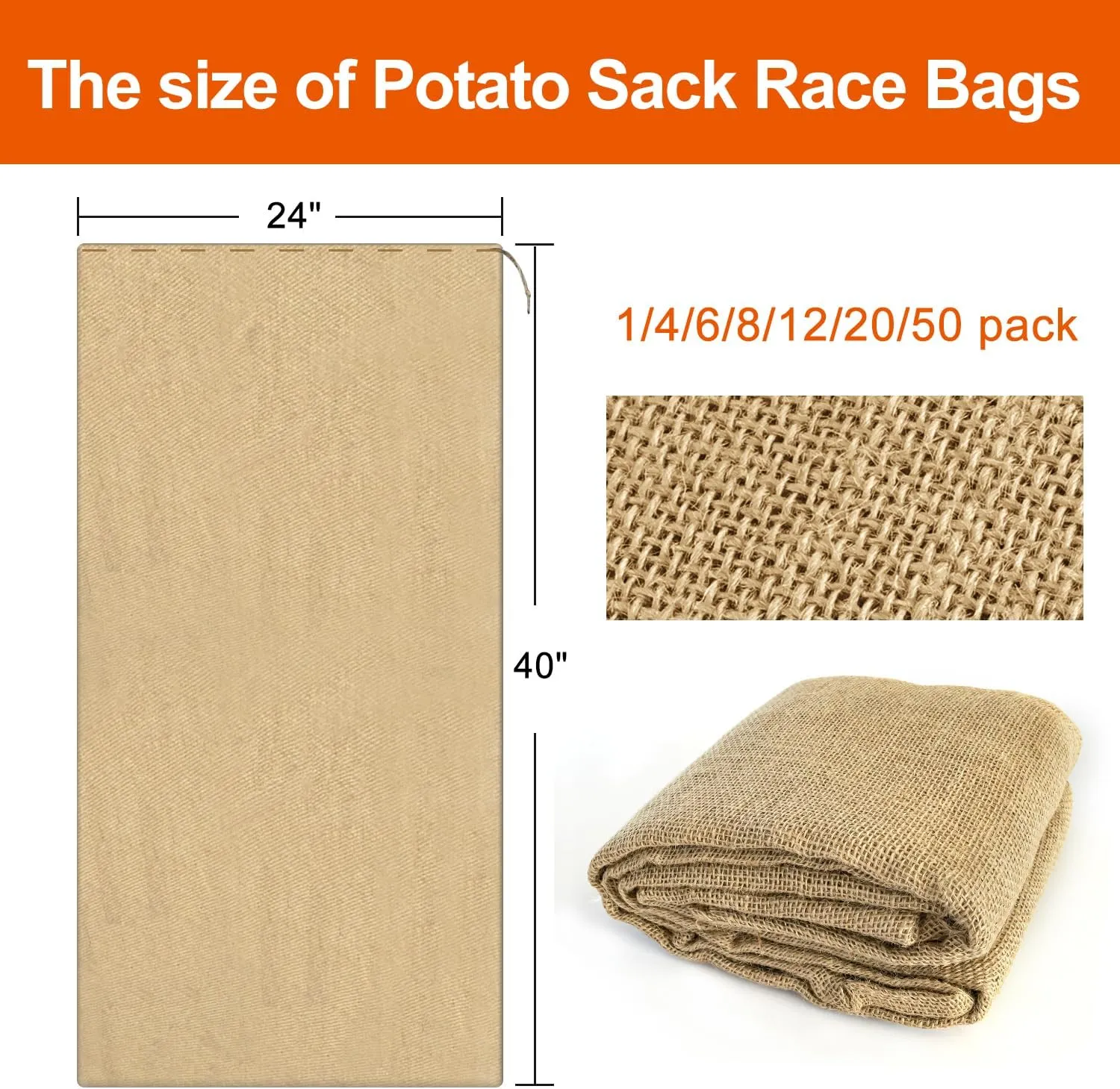 Agfabric 6pack 24"x40" Large Burlap Potato Sack Race Bags for Kids & Adults, Durable Sack Race Bags Outdoor Lawn Games, Easter, BBQ, Picnic, Block Party, Family Reunion, Birthday, Halloween - Set of 6