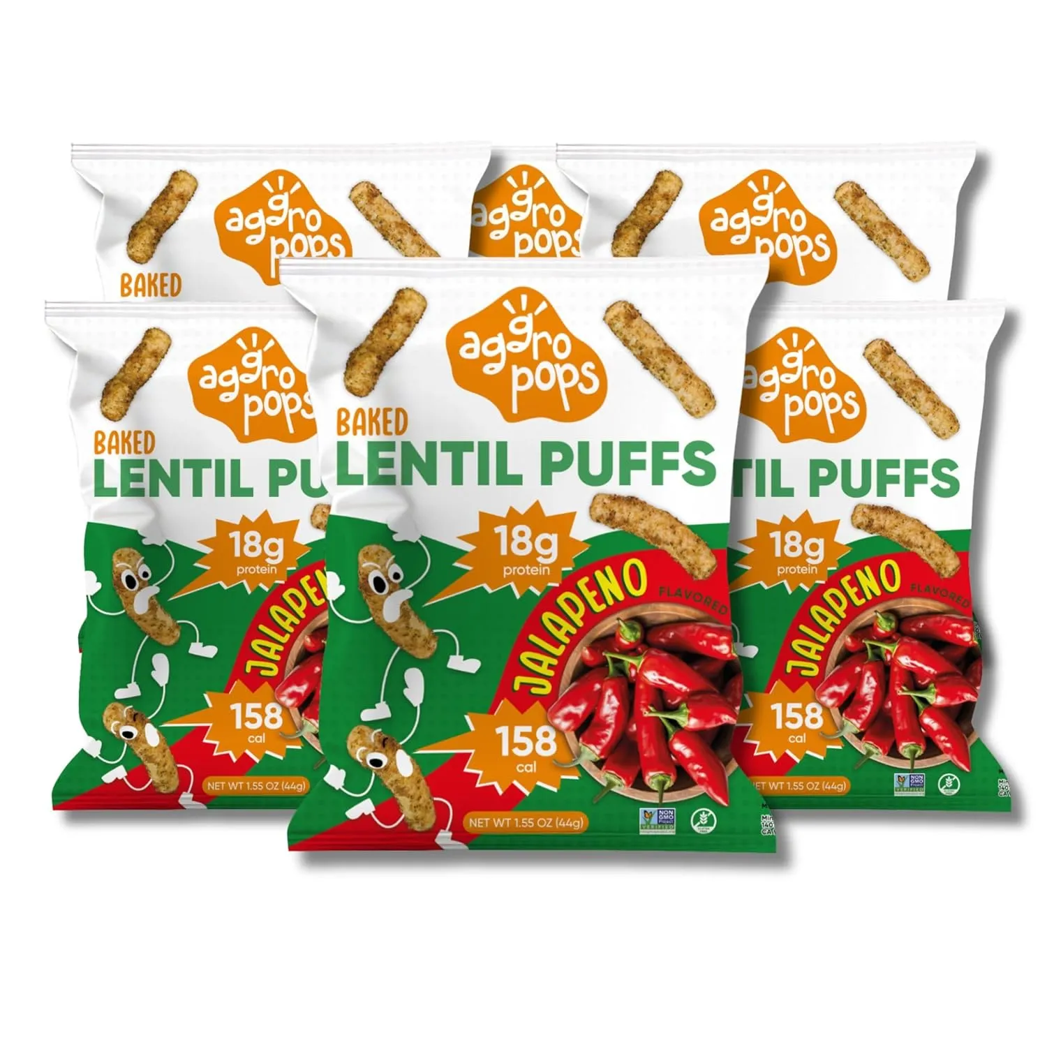 Aggropops High Protein Lentil Snacks - 158Cal & 18g Protein Per Bag. Low Calorie, Vegan, Low Carb, Plant-Based, and Gluten Free Healthy Snack for Adults. Bariatric Friendly Food. Jalapeno Flavored.