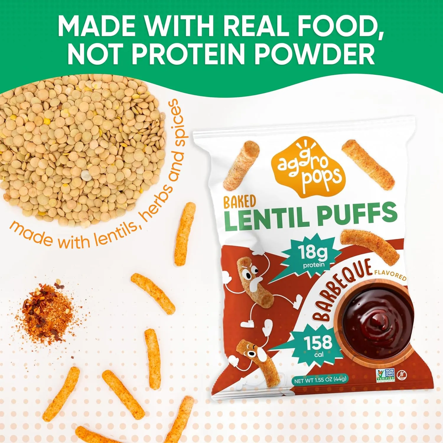 Aggropops High Protein Lentil Snacks - 158Cal & 18g Protein Per Bag. Low Calorie, Vegan, Low Carb, Plant-Based, and Gluten Free Healthy Snack for Adults. Bariatric Friendly Food. Jalapeno Flavored.