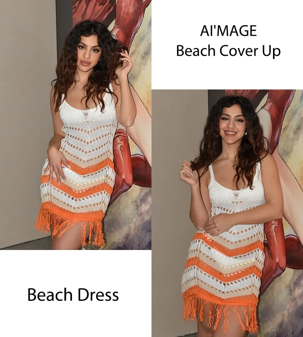 AI'MAGE Women Swimsuit Cover Up Sexy Hollow Out Tassel Sleeveless Vneck Crochet Bathing Suit Coverup Slim Fit Beach Dress