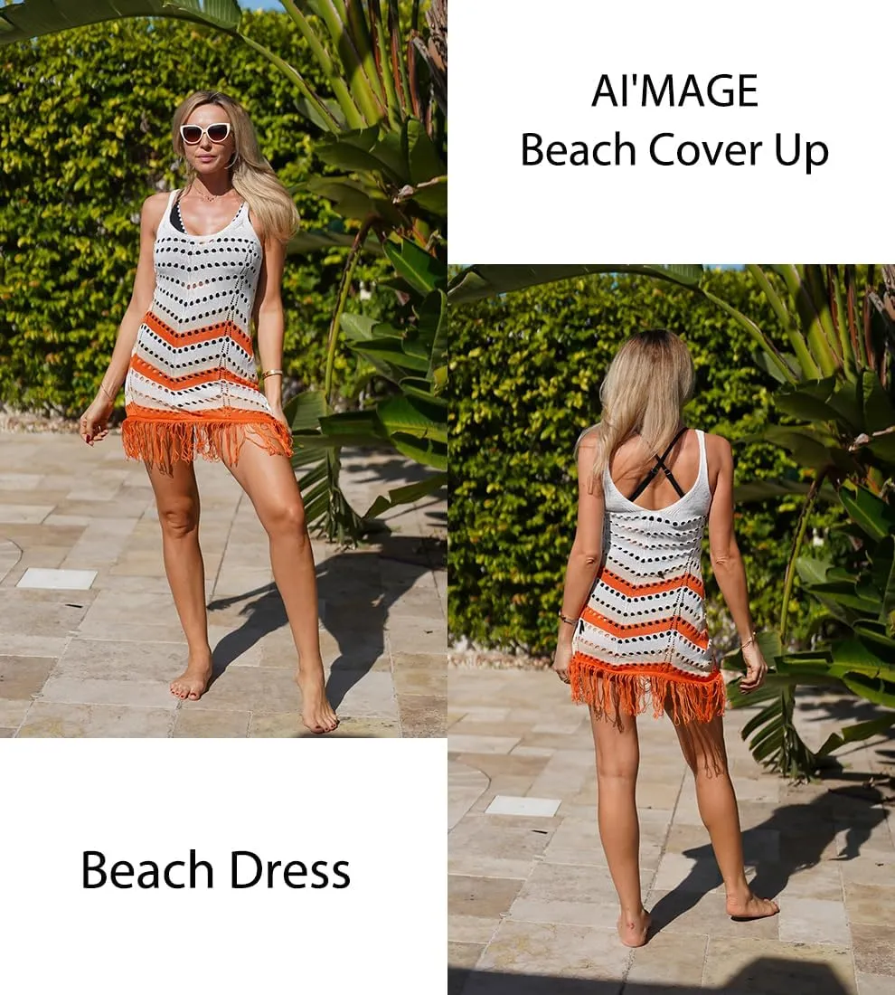 AI'MAGE Women Swimsuit Cover Up Sexy Hollow Out Tassel Sleeveless Vneck Crochet Bathing Suit Coverup Slim Fit Beach Dress