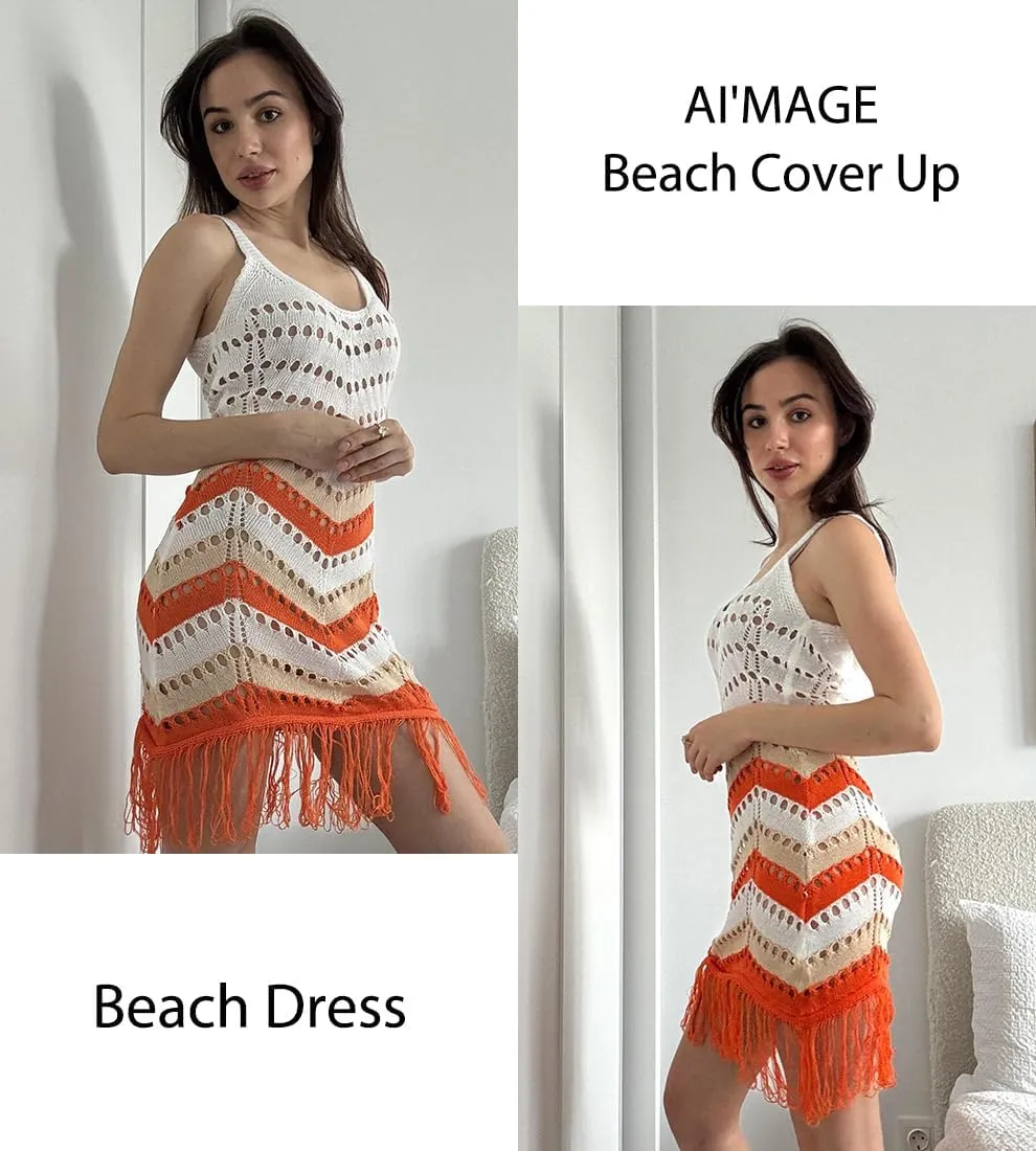 AI'MAGE Women Swimsuit Cover Up Sexy Hollow Out Tassel Sleeveless Vneck Crochet Bathing Suit Coverup Slim Fit Beach Dress