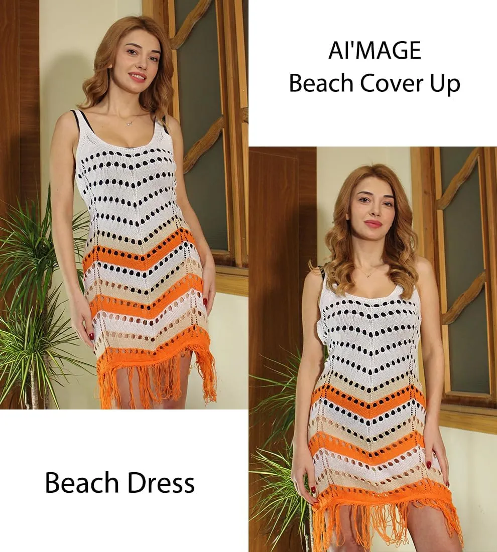 AI'MAGE Women Swimsuit Cover Up Sexy Hollow Out Tassel Sleeveless Vneck Crochet Bathing Suit Coverup Slim Fit Beach Dress