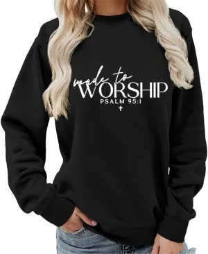AirPlace Letter Prints Shirts for Women Long Sleeve Shirts Made to Worship Sweatshirts Cute Loose Women Blouse Tops 2024