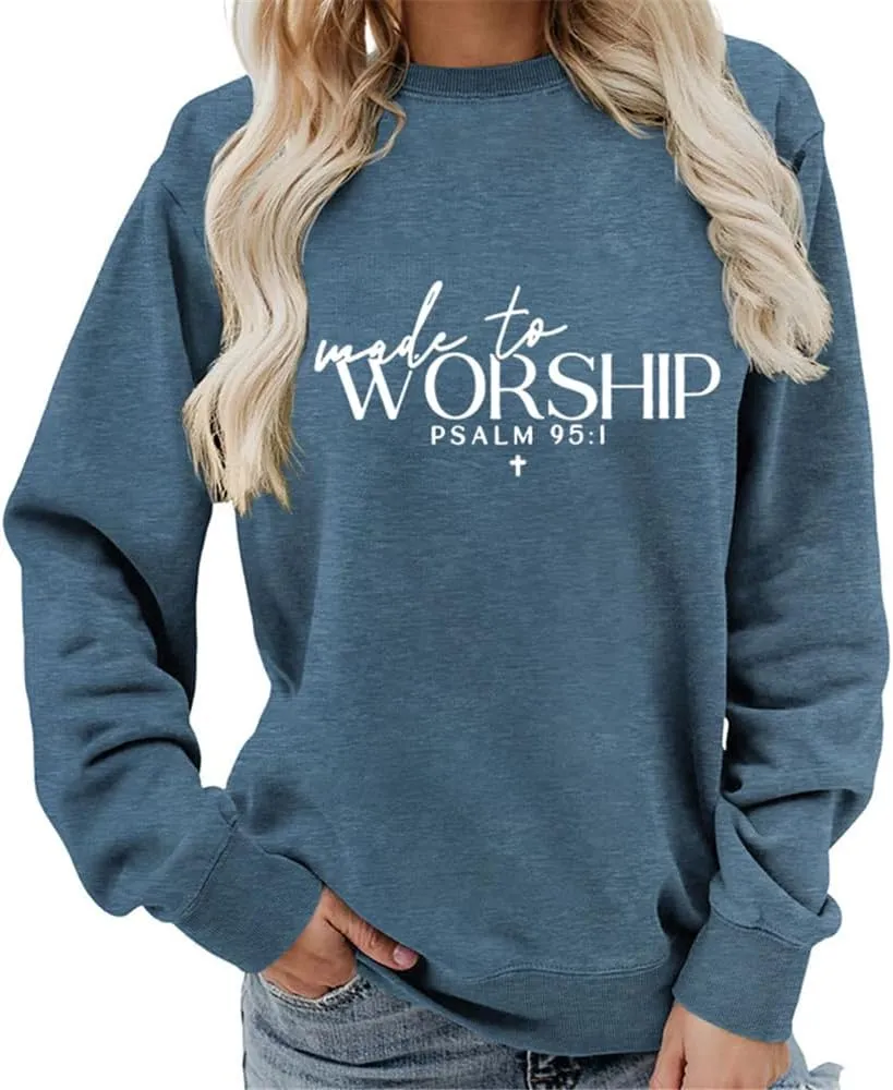 AirPlace Letter Prints Shirts for Women Long Sleeve Shirts Made to Worship Sweatshirts Cute Loose Women Blouse Tops 2024