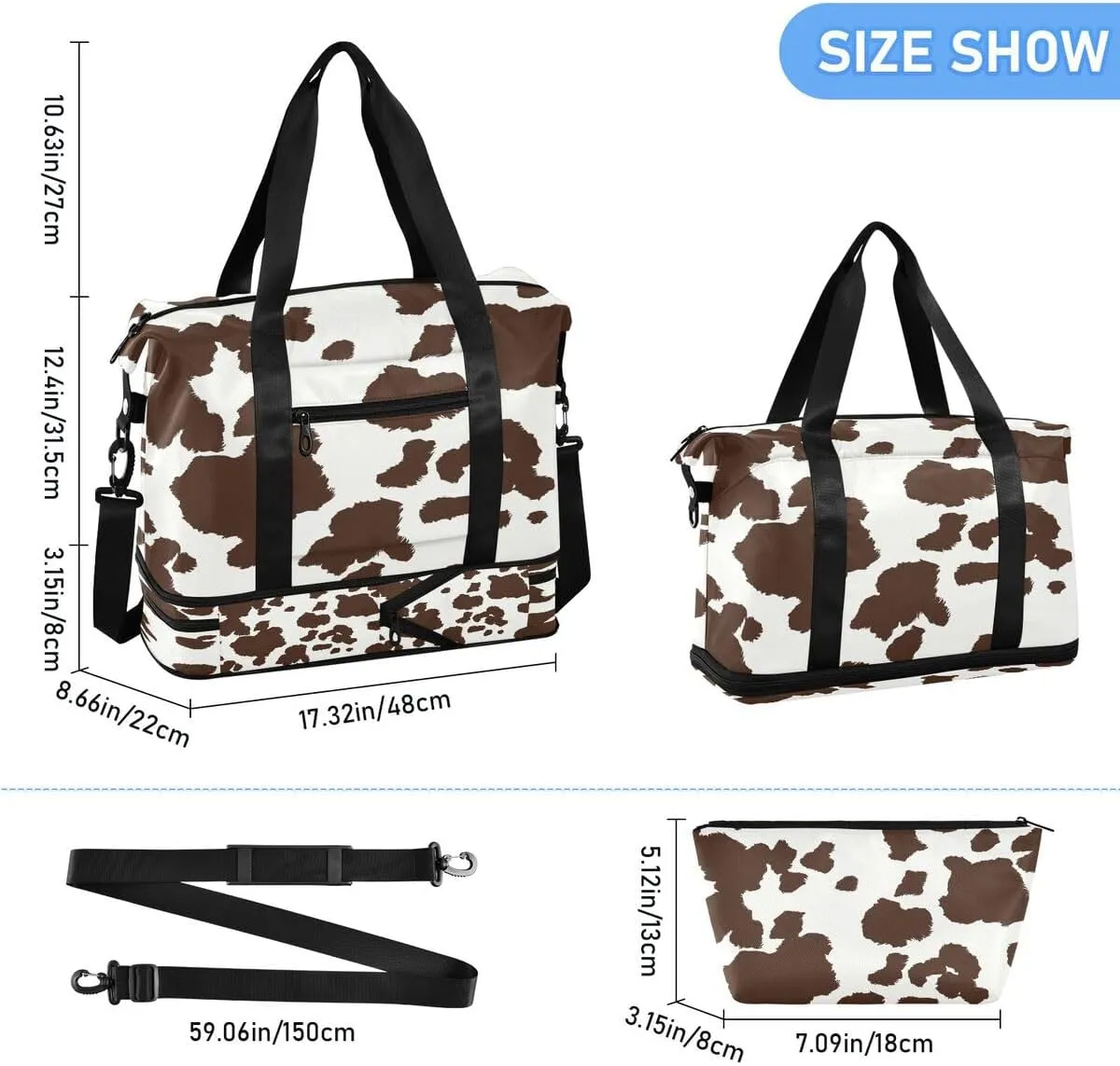 ALAZA Brown Animal Cow Print Travel Duffel Bag with Shoe Compartment Tote Bag Weekender Overnight Bag with Wet Pocket for Travel,Gym,Yoga,Swimming