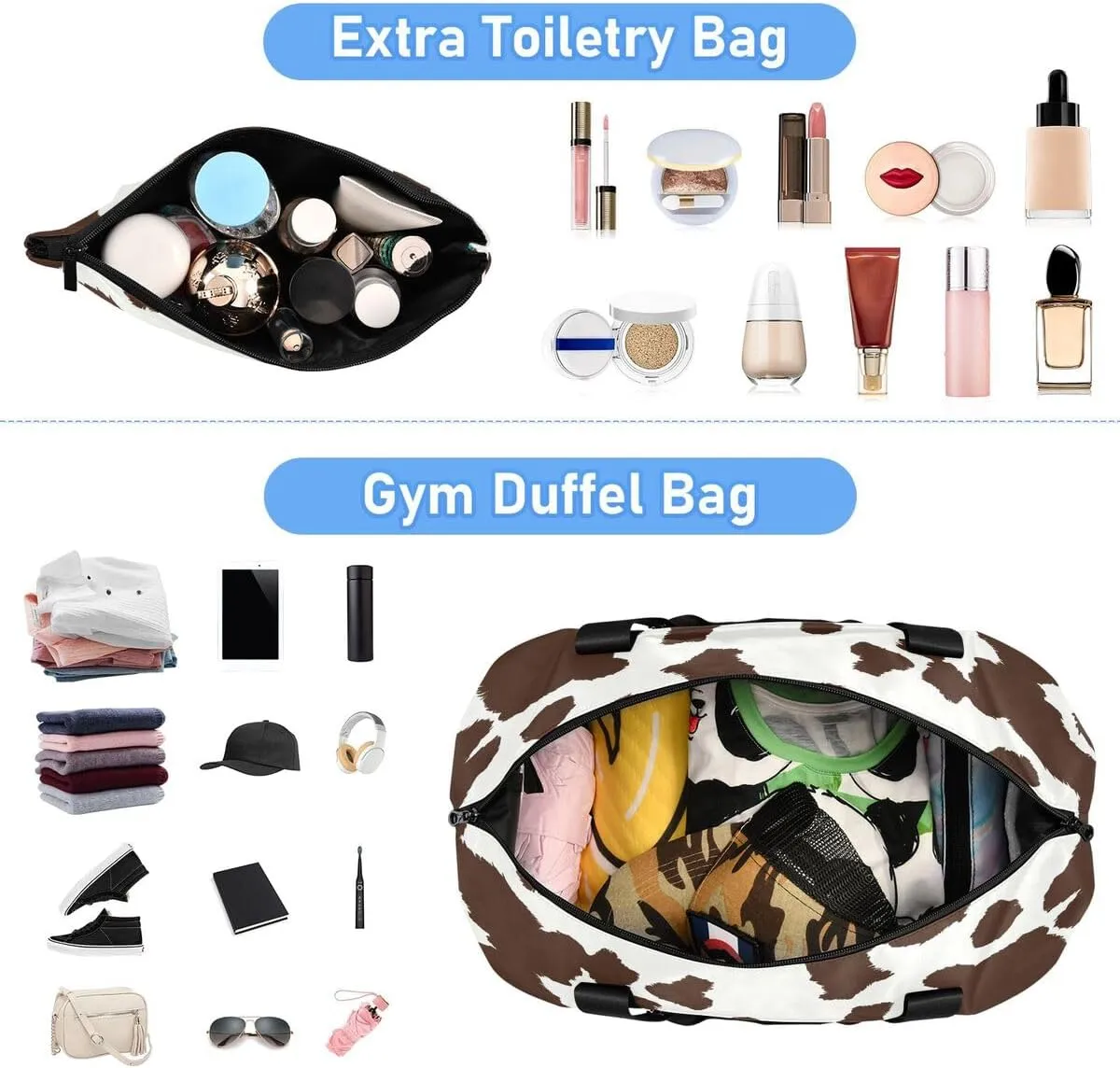 ALAZA Brown Animal Cow Print Travel Duffel Bag with Shoe Compartment Tote Bag Weekender Overnight Bag with Wet Pocket for Travel,Gym,Yoga,Swimming