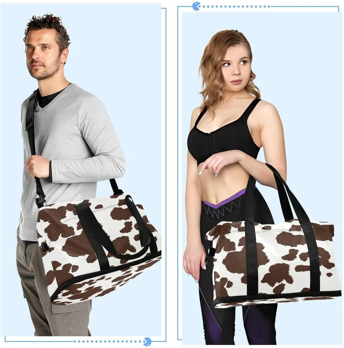 ALAZA Brown Animal Cow Print Travel Duffel Bag with Shoe Compartment Tote Bag Weekender Overnight Bag with Wet Pocket for Travel,Gym,Yoga,Swimming
