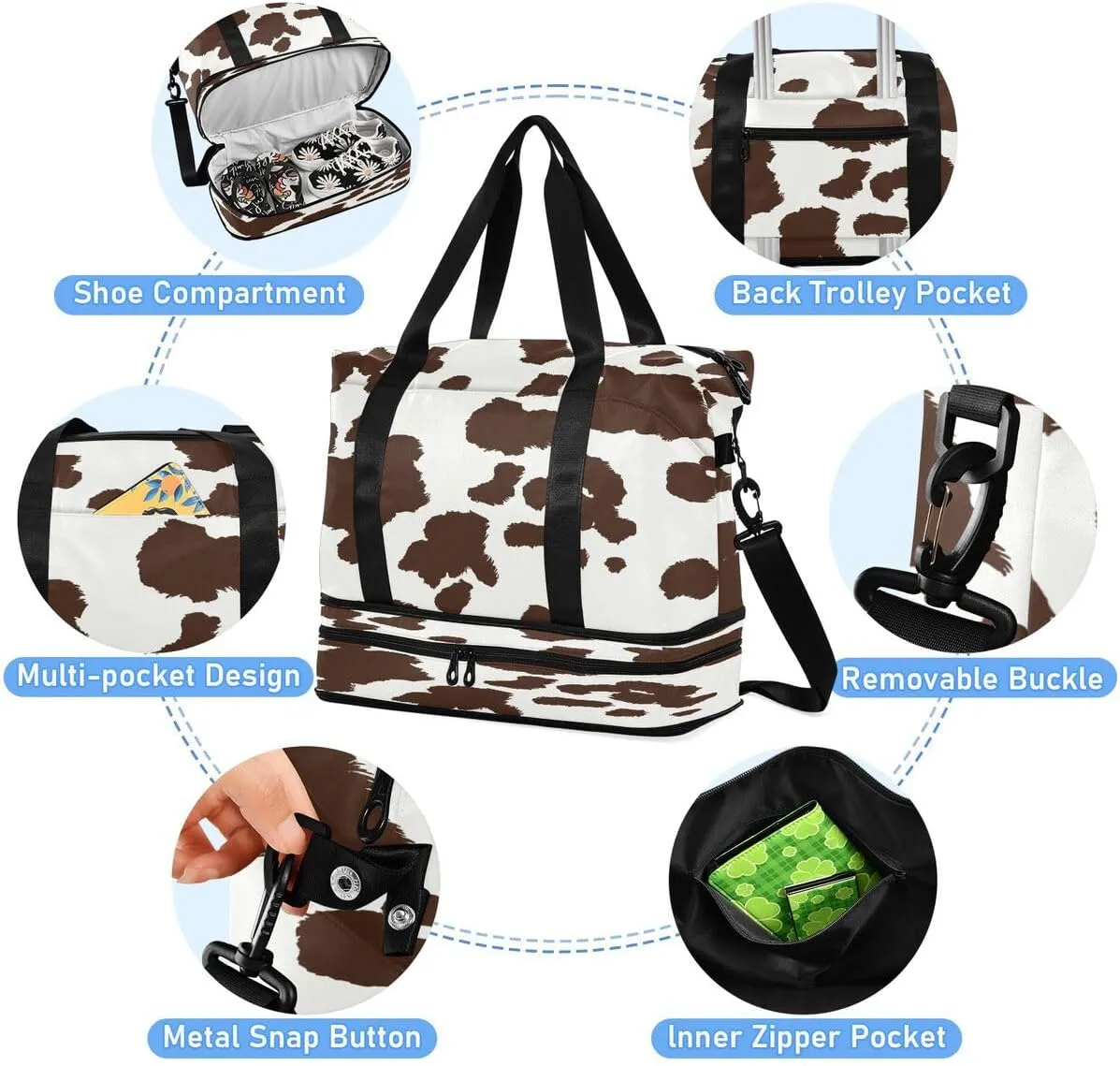 ALAZA Brown Animal Cow Print Travel Duffel Bag with Shoe Compartment Tote Bag Weekender Overnight Bag with Wet Pocket for Travel,Gym,Yoga,Swimming
